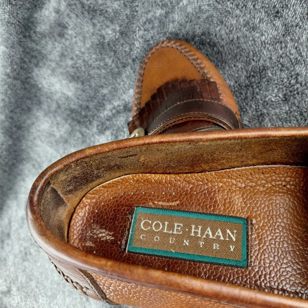 Cole‎ Haan Country Mens Brown Leather Kiltie Loafers Buckle Fringe Size 8.5 M